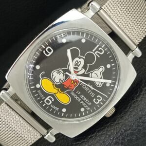 Vintage 1970 Disney Fortis Manual Mens Silver Watch W/Metal Strap & Mickey